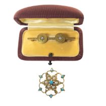 European, Late 19th Century, A split pearl and turquoise yellow gold broach and a diamond yellow gol