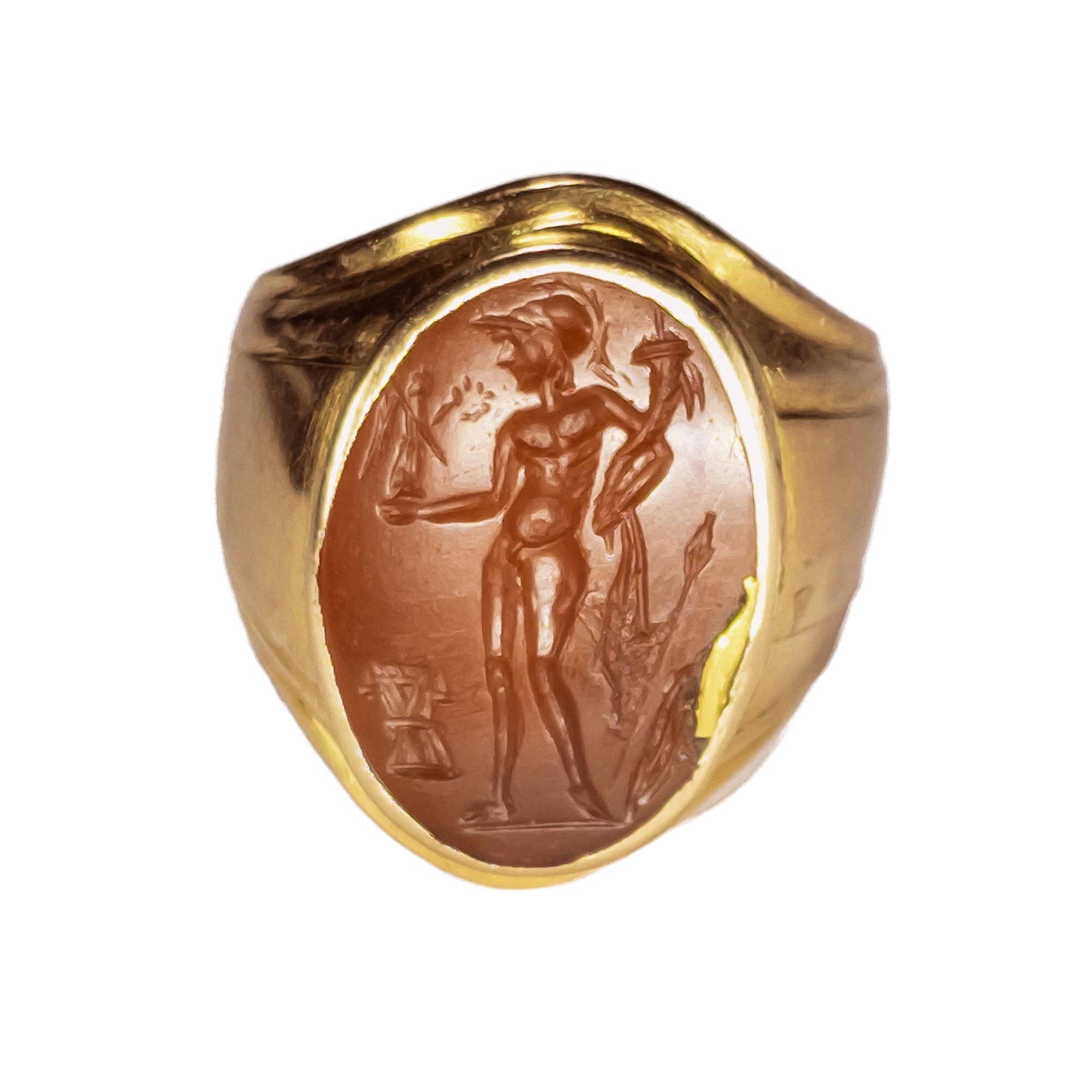 A fine Roman carnelian intaglio of Mars 2nd to 3rd century AD, set in an antique gold ring