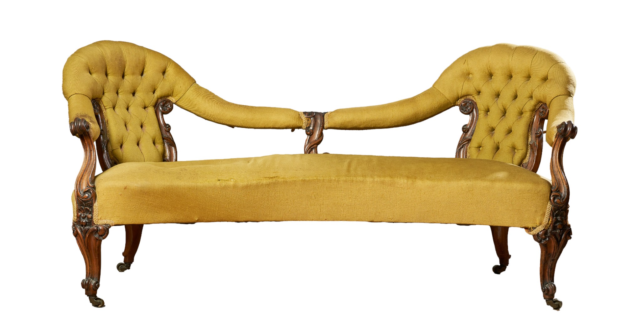 NO RESERVE: Mid-nineteenth century upholstered camel back sofa