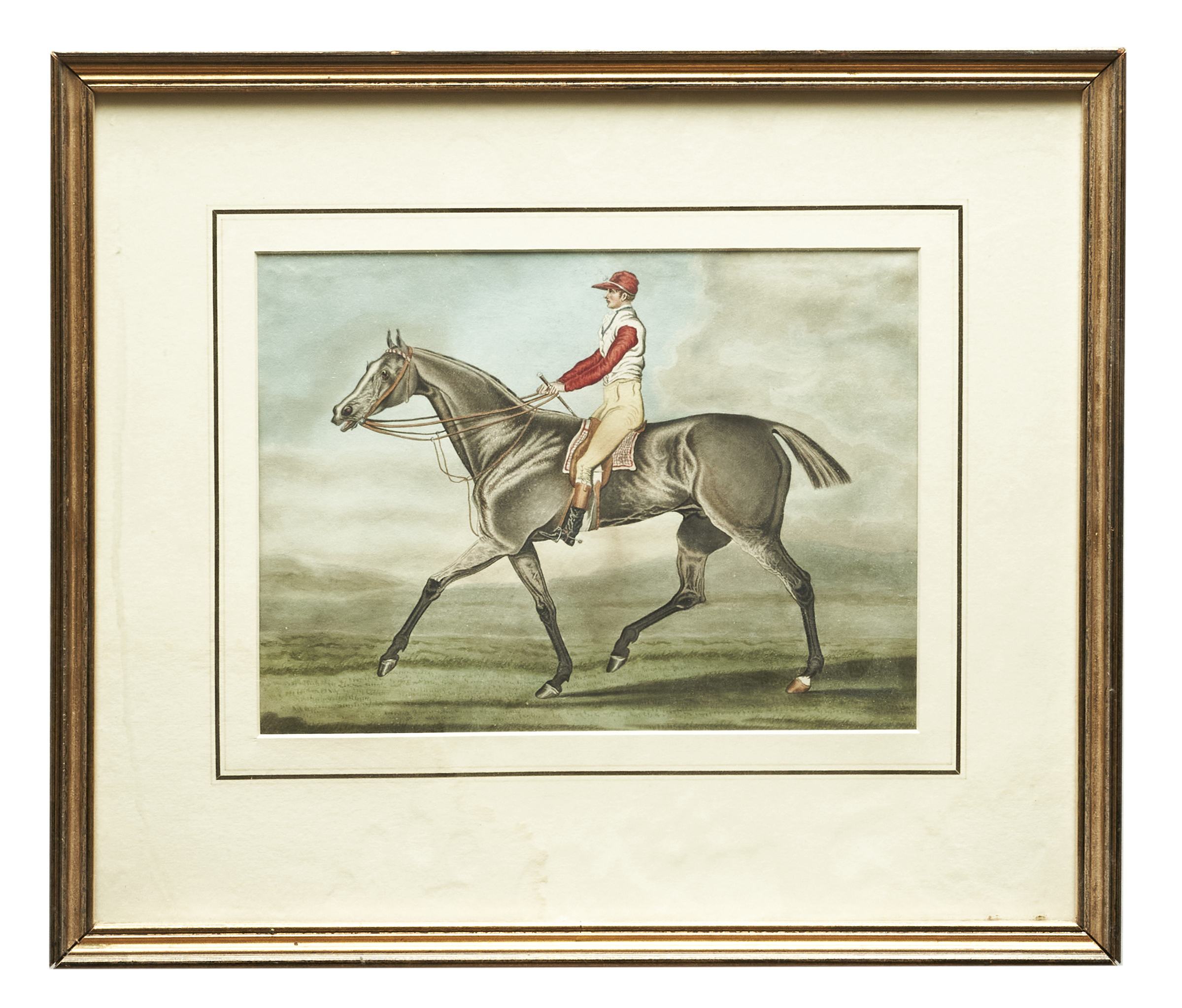 Watercolour and print: James Pollard (1792 - 1867), Racing Horse with Jockey up