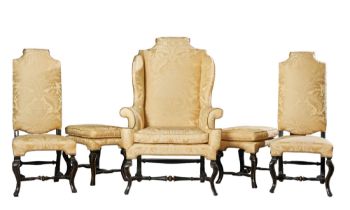 Queen Anne, A suite of ebonised, parcel gilt and upholstered chairs