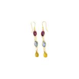 Contemporary, A pair of multi-coloured sapphire pendant earrings
