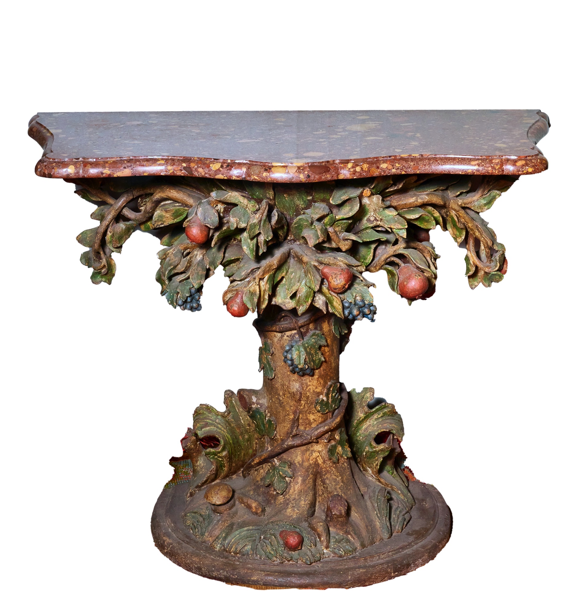 North Italian, 16th/17th Century, A rare and impressive carved polychrome fruiting vine marble-top t