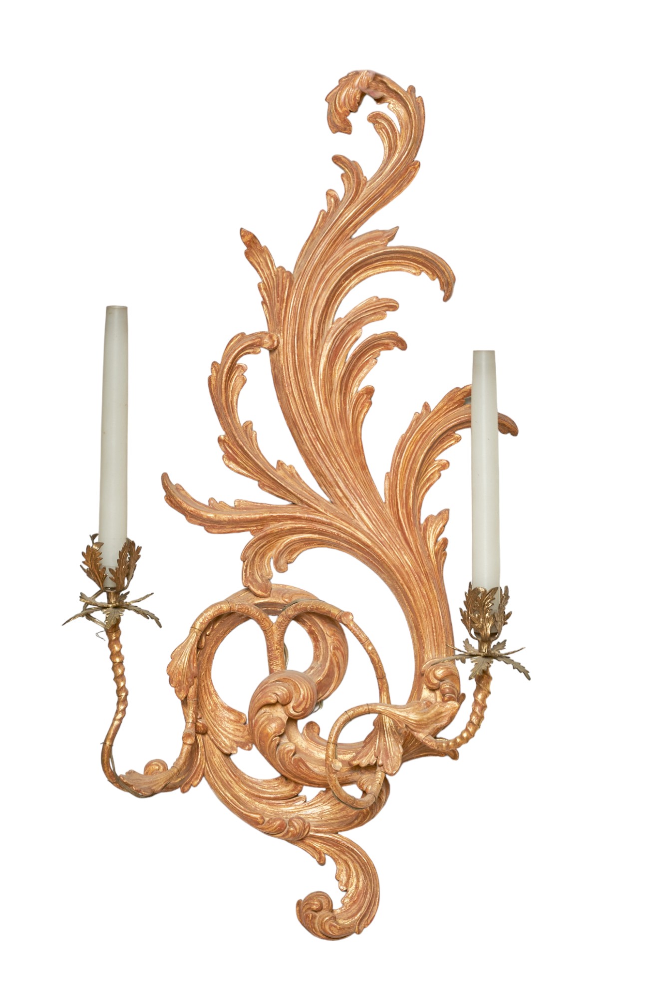 NO RESERVE: British, Circa 1980, Manner of Chippendale, A pair of carved giltwood wall lights - Image 2 of 2