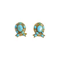 British, Circa 1850, A pair of turquoise and diamond cluster earrings