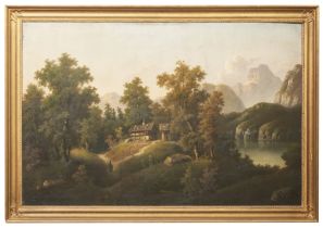 Austrian, Circa 1860, An Austrian mountain view with chalet and figures