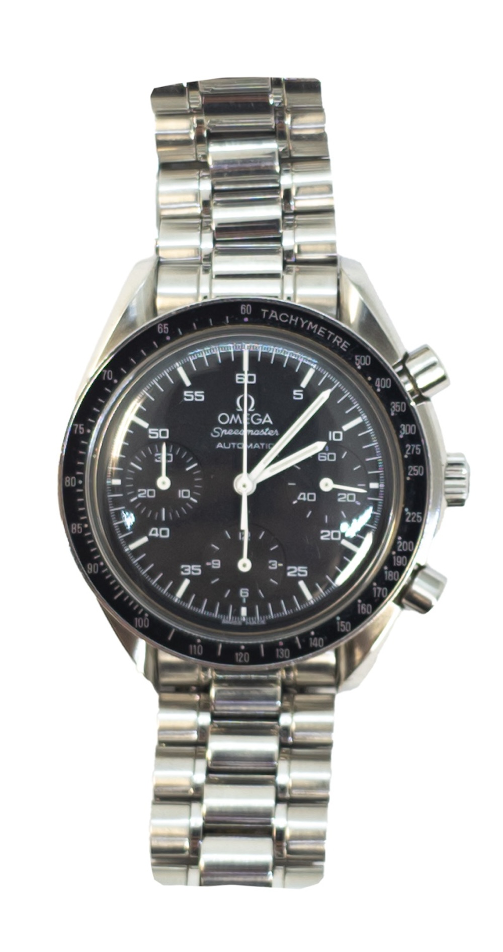 Omega, Circa 2000, A black chronograph stainless steel Speedmaster gentleman's automatic wristwatch
