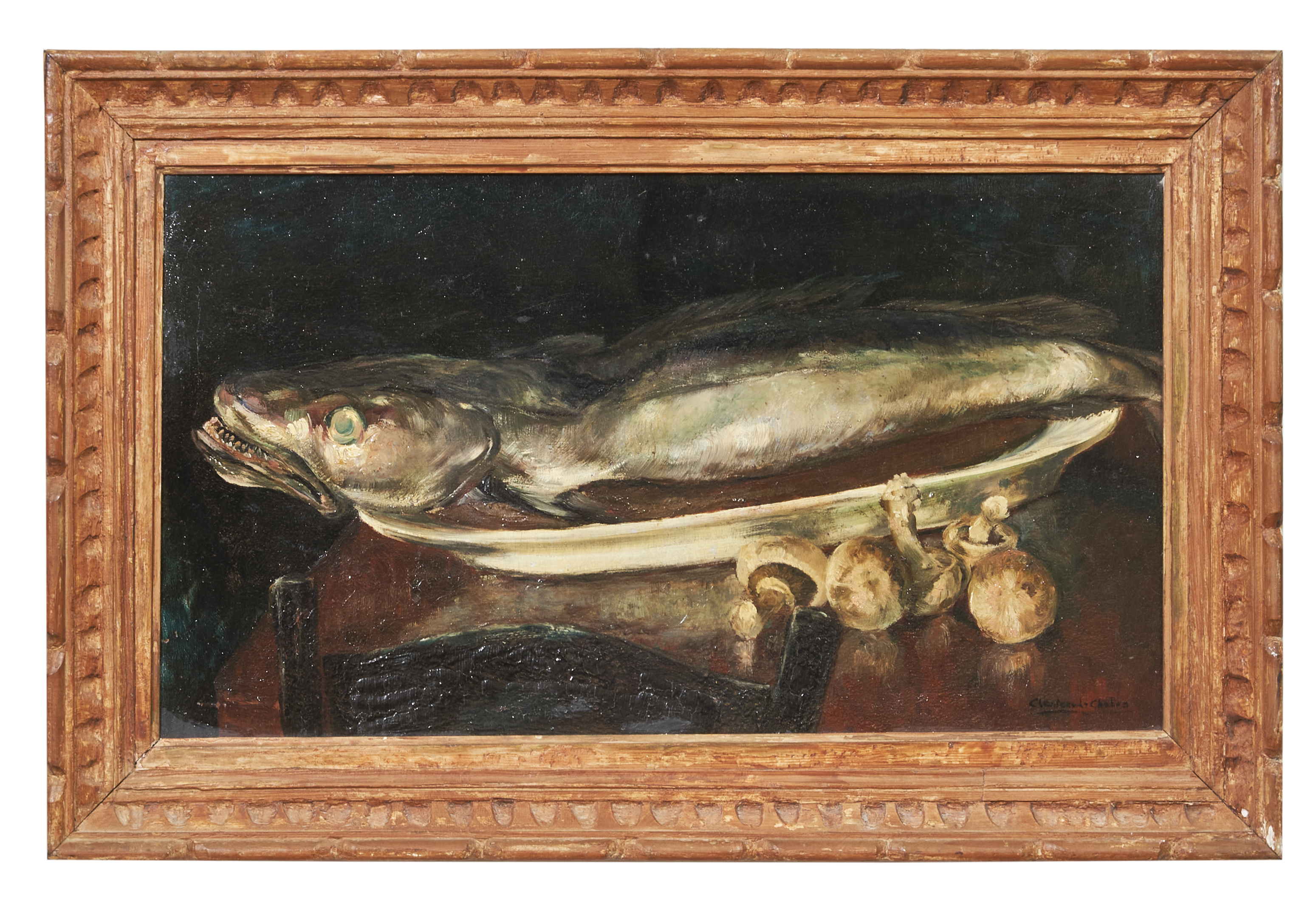 French, Early 19th Century, Still life with a fish and mushrooms