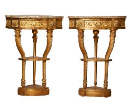 Antique, A pair of carved giltwood and marble top corner tables