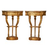 Antique, A pair of carved giltwood and marble top corner tables