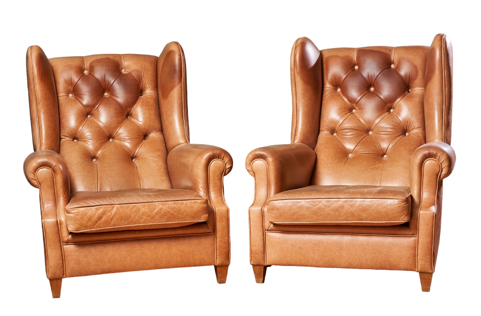 French, Circa 1950, A pair of two Chesterfield-style wingback chairs and footstool - Image 2 of 4