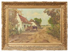 Continental, 20th Century, Horses feeding in a country lane