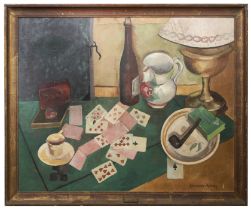 Lesourd-Matry (Active 1950s), Still life with playing cards and pipe