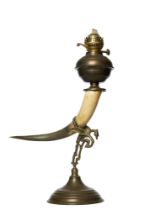19th century, A horn fashioned paraffin lamp