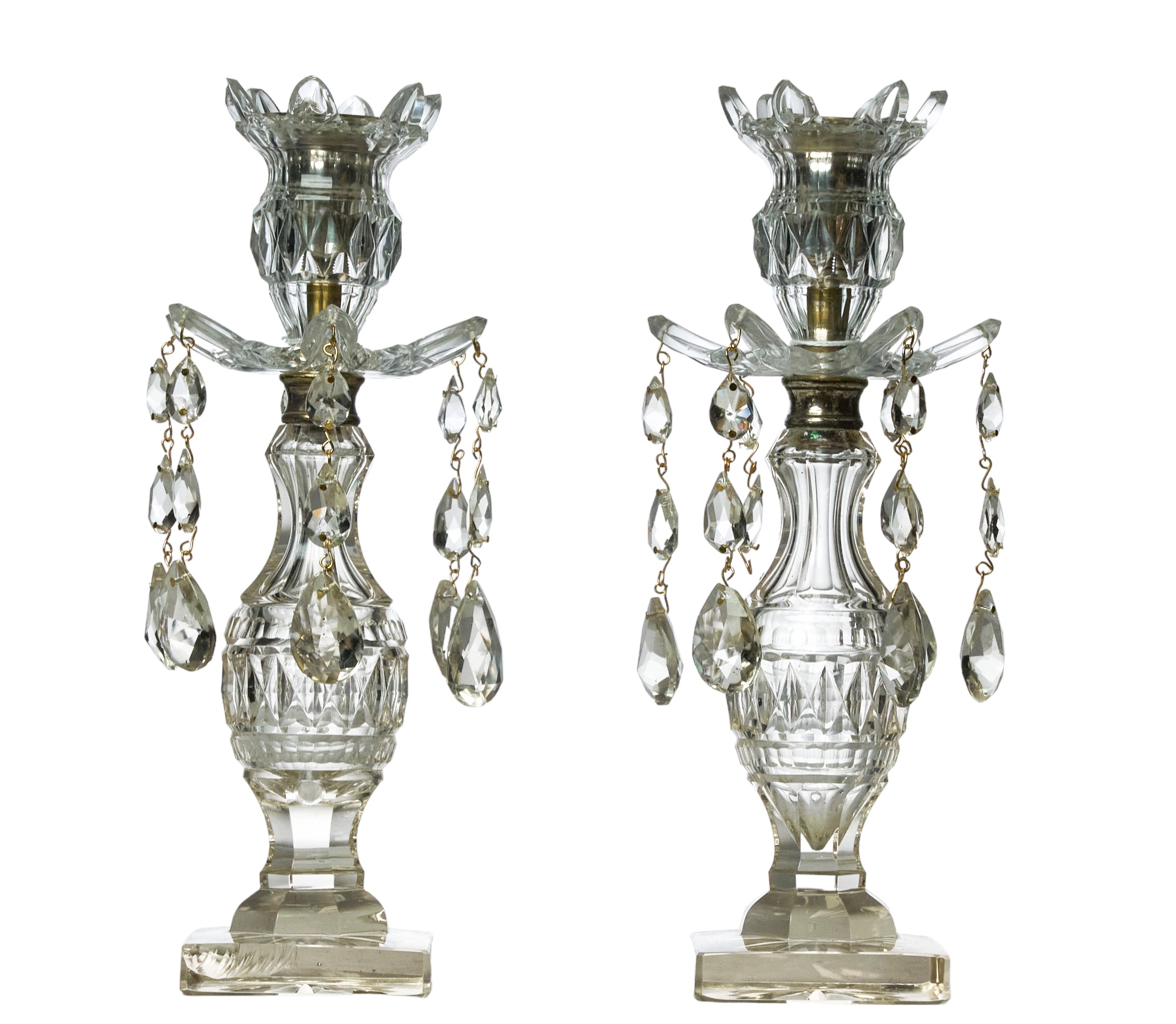 British, 19th Century, A pair of glass candlesticks