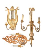 British, Early 20th Century, Three carved giltwood wall lights