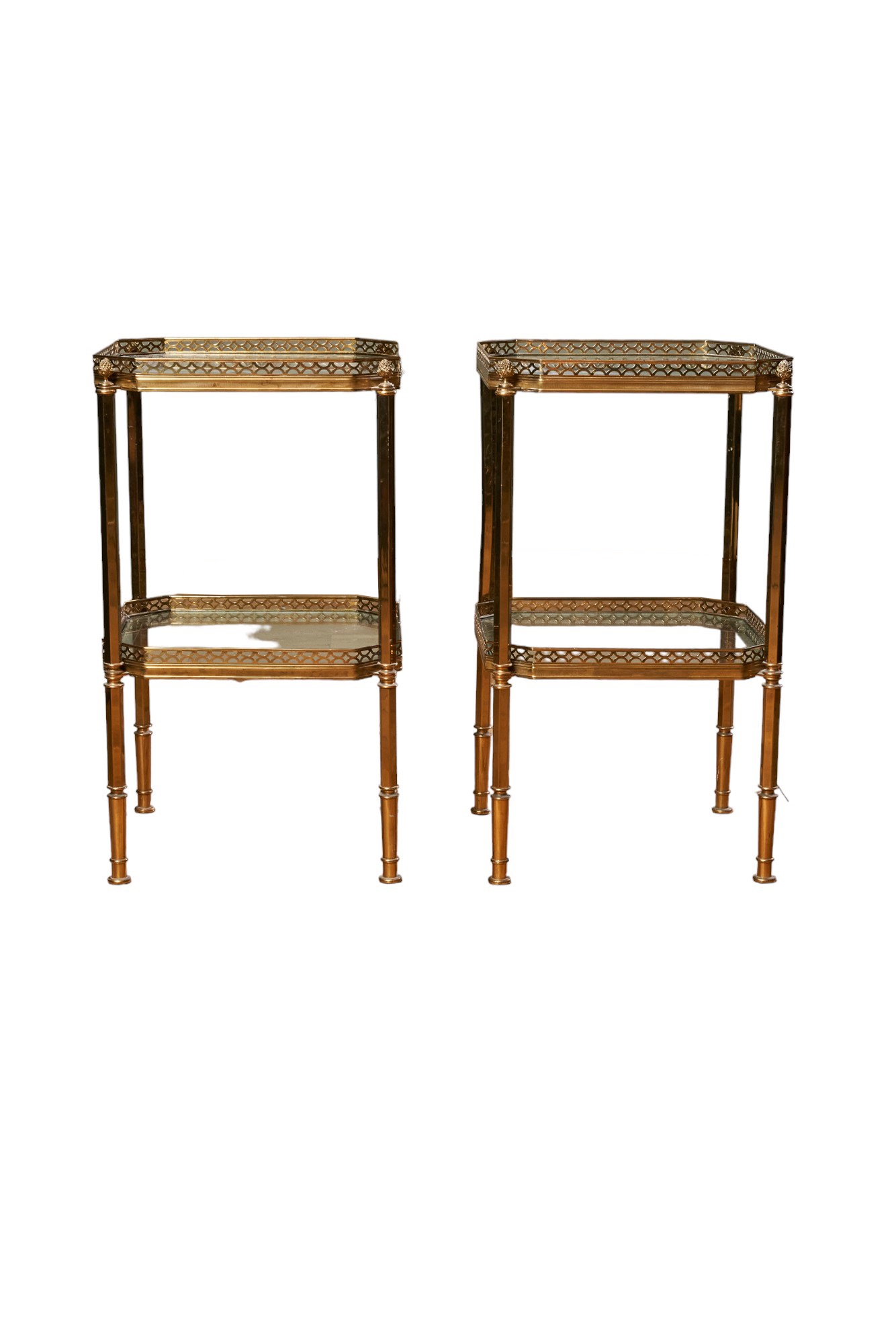 20th Century, A pair of brass and glass side tables