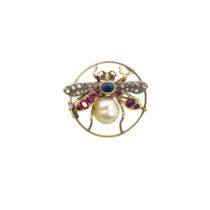 European, Circa 1880, A natural pearl, ruby, sapphire and diamond bug brooch