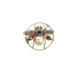 European, Circa 1880, A natural pearl, ruby, sapphire and diamond bug brooch