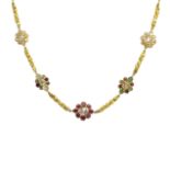 Indian style, Circa 1980, An attractive rose-cut diamond, emerald and ruby cluster necklace