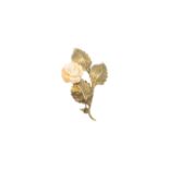 European, Circa 1960, A yellow gold and angel skin carved colour rose brooch