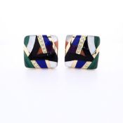 14k Yellow Gold Multi Gemstone and Diamond Inlay Clip-On Earrings