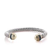 David Yurman Sterling Silver Cable Cuff with 14k Yellow Gold and Blue Topaz Dome Ends Bracelet