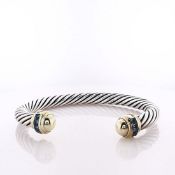 David Yurman Sterling Silver Cable Cuff with 14k Yellow Gold and Blue Topaz Dome Ends Bracelet