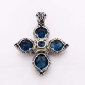 Konstantino Sterling Silver and 18k Yellow Gold Faceted London Blue Topaz Cross Pendant