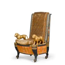 A French polychrome-decorated parcel-gilt throne armchair, early 19th century, after a wall painting