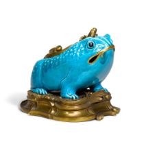 A French gilt-bronze mounted Chinese turquoise porcelain pot-pourri, the porcelain Kangxi
