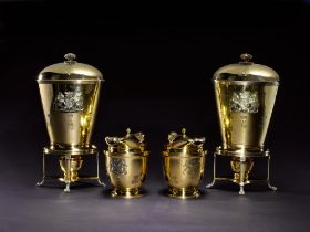 Royal: a pair of George III silver-gilt picnic vases on stands with burners, John Emes, London, 1804