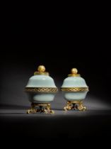 A pair of early Louis XV gilt-bronze and gilt-metal-mounted Chinese celadon-ground pot-pourri bowl