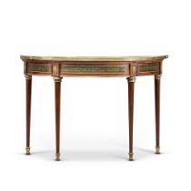 A Northern European mahogany, amaranth, painted, gilt-bronze- and brass-mounted demilune console