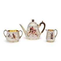 A Very Rare Victorian Parcel-Gilt Silver And Enamel Three-Piece Tea Service With Shakespeare Scenes,