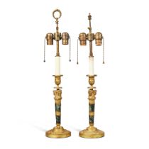 A Pair of French Empire Style Marble and Gilt Bronze Candlesticks, 19th Century