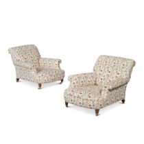 A Pair of Howard & Sons Grafton Model Walnut and Upholstered Easy Armchairs, Circa 1900