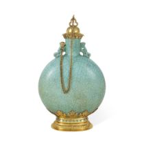 A Chinese Celadon-Glazed Porcelain Ge-Type Moon Flask With George IV Silver-Gilt Mounts, The
