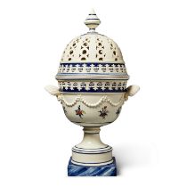 A Large Northern European Creamware Two-Handled Potpourri Vase And Reticulated Cover, 19th Century