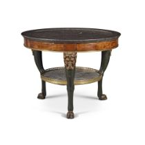 A Directoire Brass-Inlaid Mahogany and Parcel Gilt Ebonized Wood Gueridon