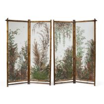 A Pair of Two-Fold Bamboo, Hardwood and Glass Folding Screens with Pressed Ferns and Butterflies,