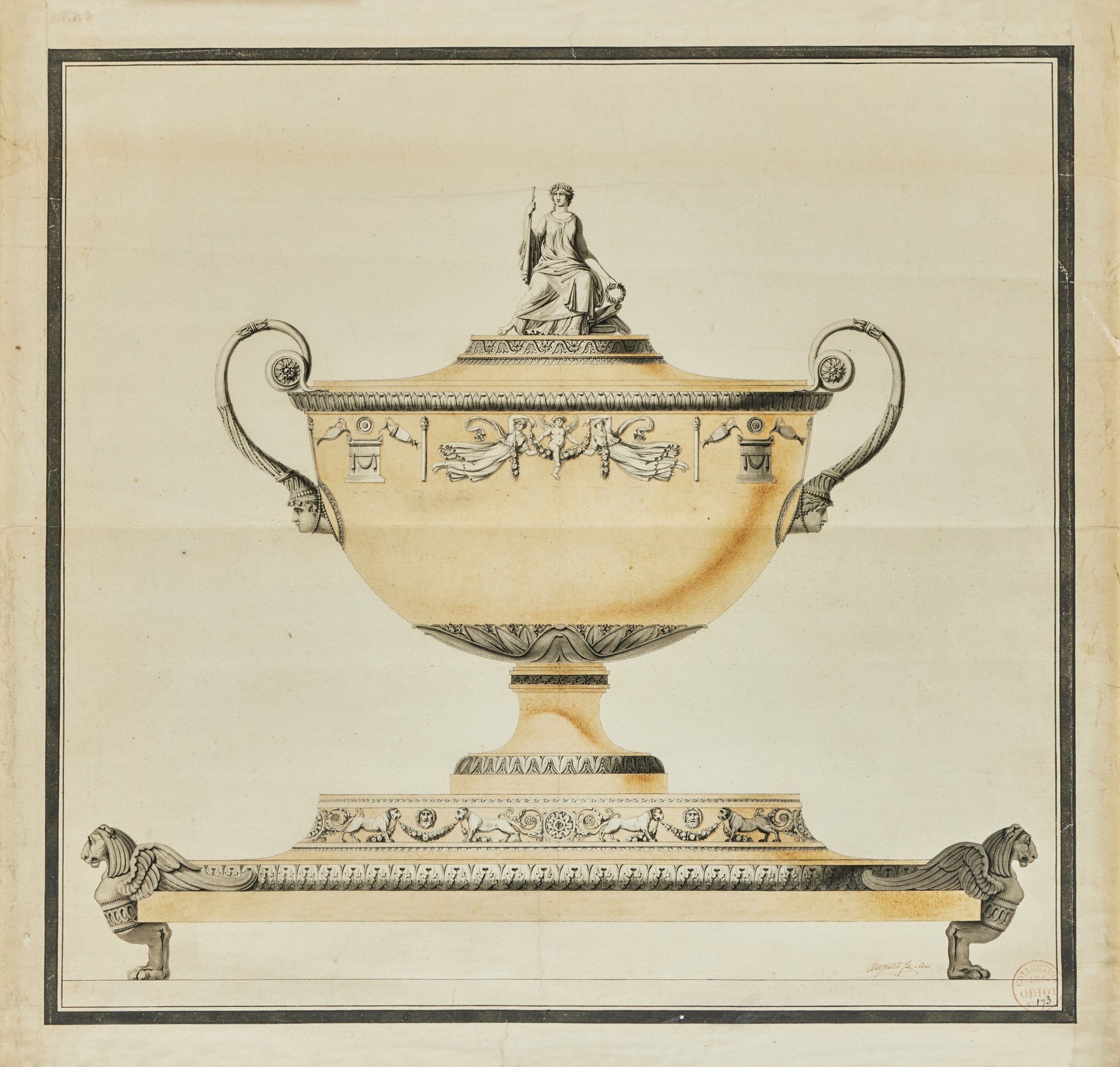 Jean-Guillaume Moitte (1746 – 1810), Presentation Drawing of a Pot a Oille on Stand, decorated