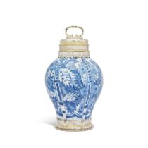 A Large German Parcel-Gilt Silver-Mounted Blue and White Fayence Canister, Christian Mentzel the