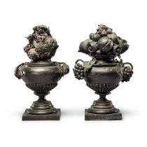 A Pair of Cast and Wrought Lead Vases with Flowers and Fruit, possibly representing Spring and