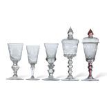 Five Continental Engraved Glass Goblets and Five Covers, First Half 18th Century | Fünf mitteleuropä