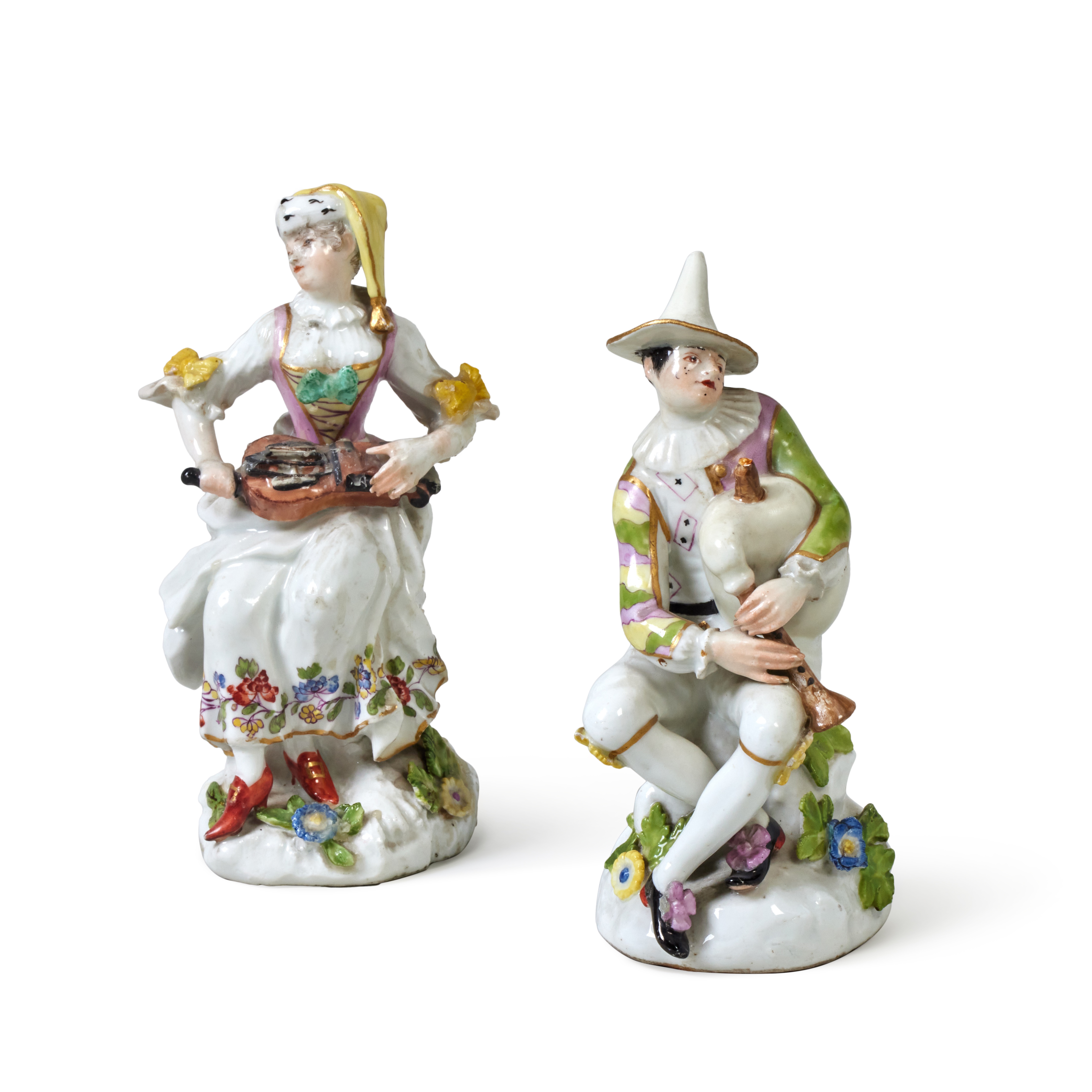 A Meissen Figure of Harlequin Playing Bagpipes and A Meissen Figure of a Lady, Probably Columbine, P - Image 2 of 3