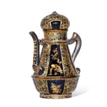 An Extremely Rare Böttger Gilt and Cold-Painted Black-Glazed Red Stoneware Coffeepot and Cover, Circ