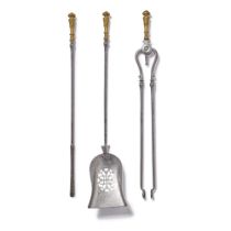 A Set of Three Brass-Mounted Steel Fire Tools Together with a Pair of Brass Baroque-Style Andirons, 