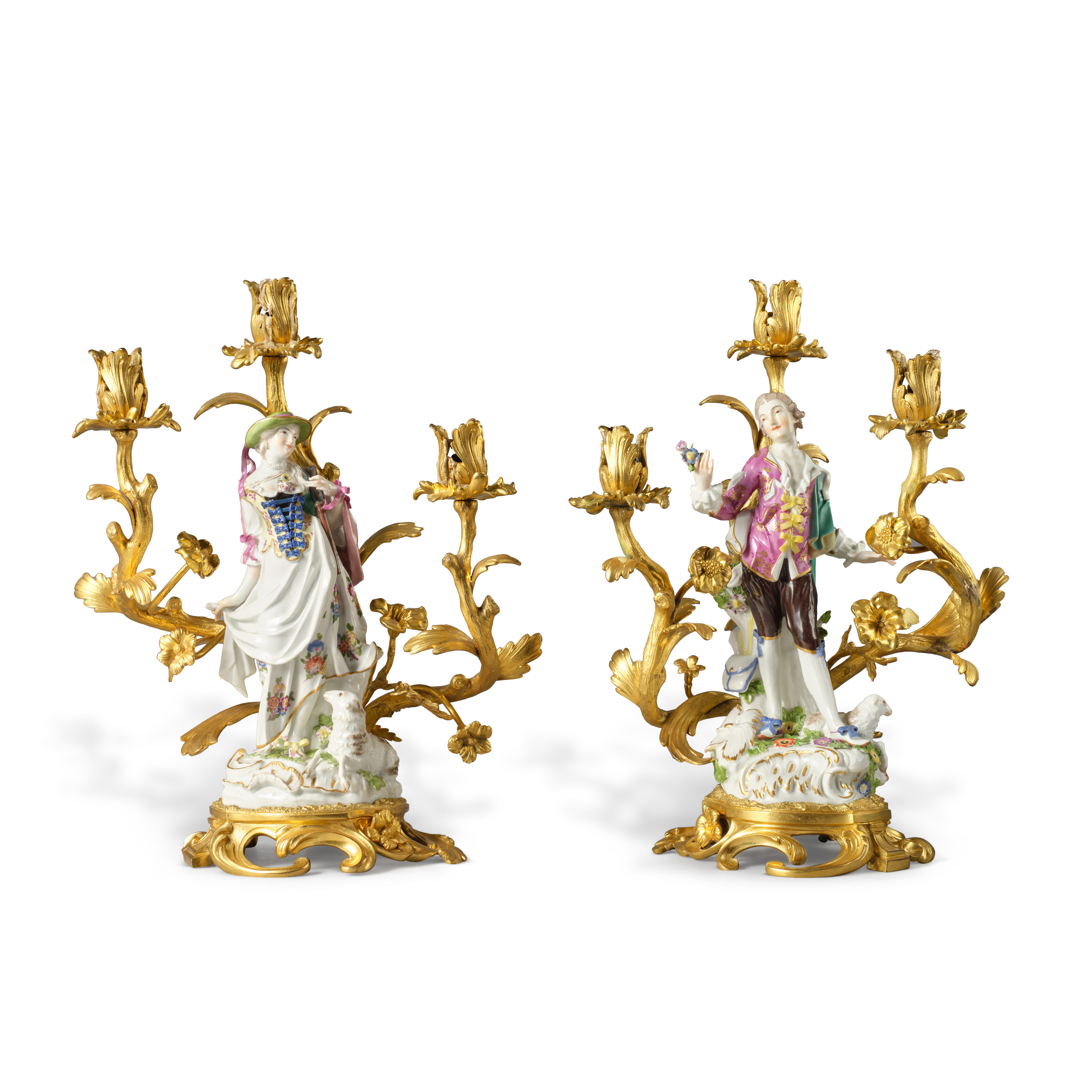 A Pair of Louis XV Gilt-Bronze and Meissen Porcelain Three-Branch Candelabra, Mid-18th Century - Bild 3 aus 3