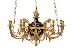 A Late Louis XVI Blue-Enamelled and Gilt-Bronze Nine-Light Chandelier, the Model Attributed to Dugou